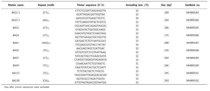 좀뒤영벌로부터 선발된 10개의 microsatellite marker의 repeat motifs, size 및 프라이머 정보