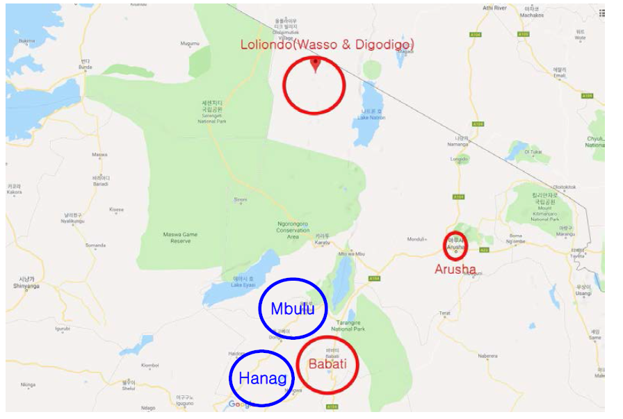 탄자니아 약용식물 조사 지역(파란색 1차 조사지, 붉은색 2차 조사지)