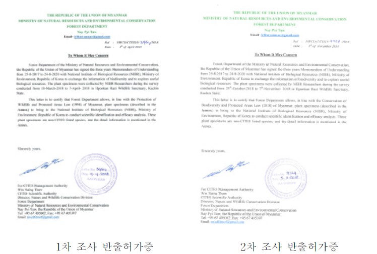 미얀마 산림국이 허가한 식물표본 반출허가증