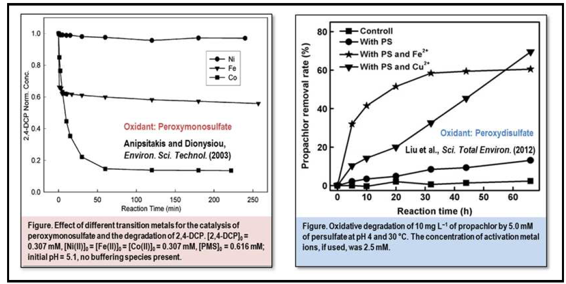과황산염별 균일계 금속이온 촉매에 의한 활성화 및 오염물질 분해 결과