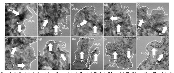 (a)망간, (b)코발트, (c)니켈, (d)몰리브데늄, (e)류세늄, (f)로듐, (g)이리듐, (h)팔라듐, (i)플래티늄, (j)금 나노입자가 알루미나 지지체에 함침된 촉매의 TEM이미지