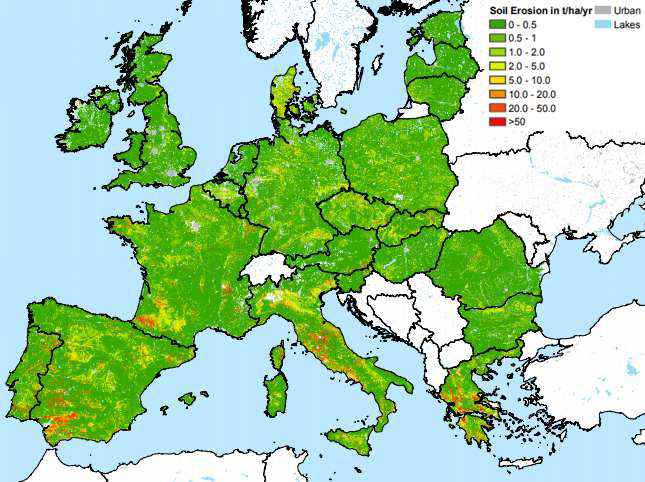 유럽의 토양 침식 위험도 (Krtkby et al., 2008)