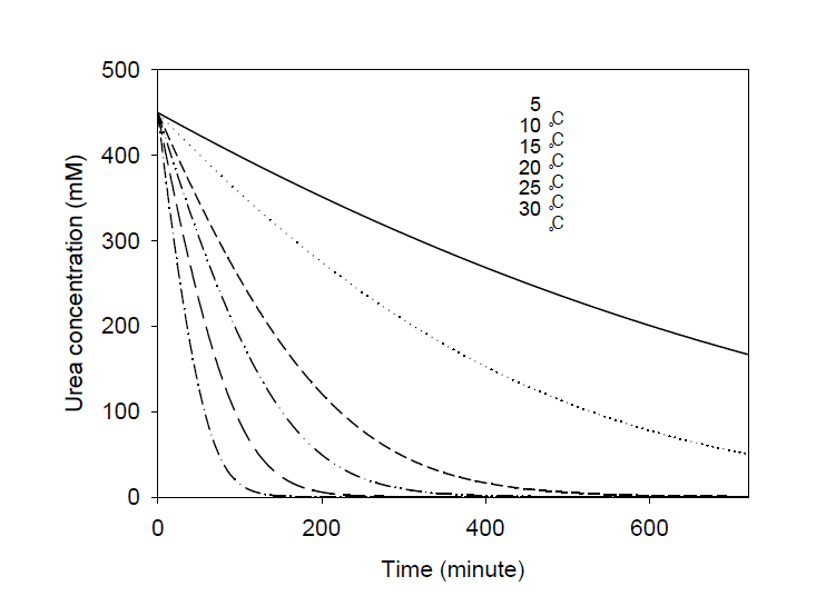 온도별 시간에 따른 요소 가수분해 예측 예시(초기 요소농도 450 mM)