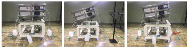 토양구배별로 설정한 토양유실 실험장치(좌: 0°, 중: 10°, 우: 20°)