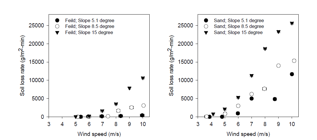 MICP를 적용하지 않은 임야토양 및 모래에 대한 바람 노출시험 결과
