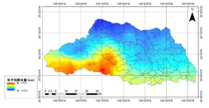 사이타마 현의 연평균 강수량에 대한 평면도