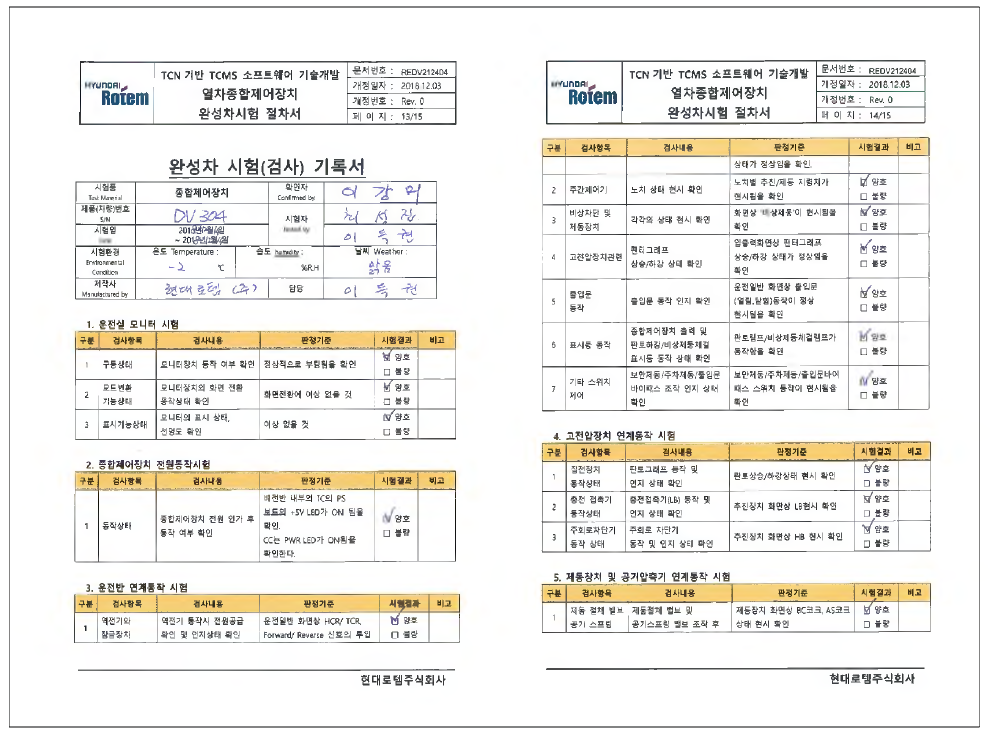 TCMS 완성차 시험 기록서 1/2