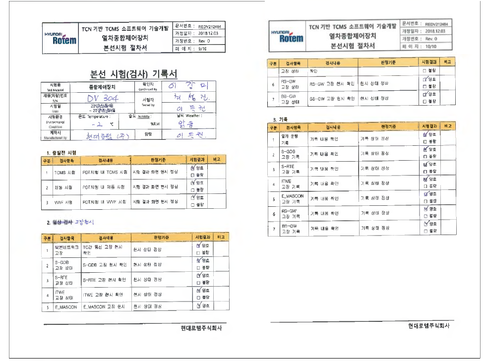 TCMS 본선 시험 기록서