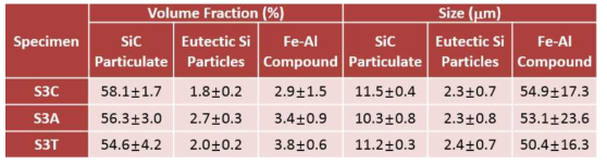 10 μm SiC 입자 첨가 A356 금속복합소재 세라믹 입자 및 기지 내 생성 상 분율 및 크기