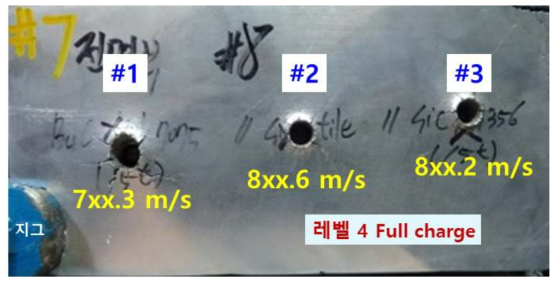 Level 4 full charge 탄속에 대한 방탄성능 시험 후 시편 사진