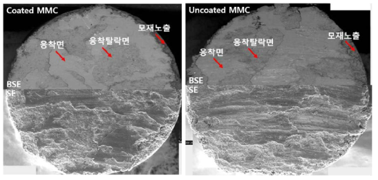 계면제어된 시편(좌)와 계면미제어 시편(우)의 마멸면 비교