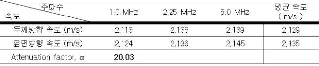 음향렌즈의 각 방향별 속도와 감쇠 계수 측정 결과