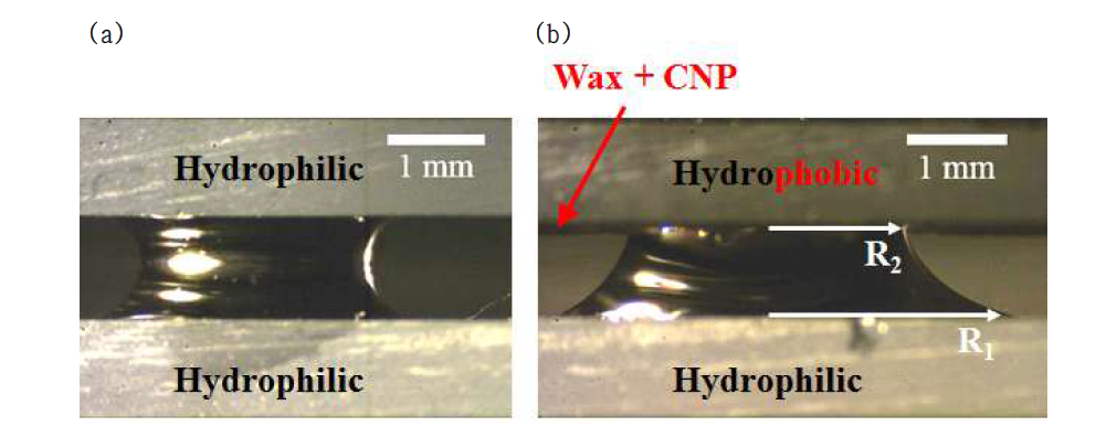 (a) 유리 플레이트사이의 모세관 브리지, (b) 초소수성 탄소나노입자 첨가 왁스 표면 위 물방울의 접촉각