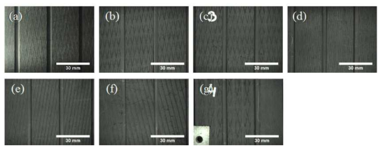 마이크로 표면 구조물이 포함된 다양한 형상의 매크로 스케일 구조물 (a) 가장 작은 다이아몬드 형상(D1), (b) 작은 다이아몬드 형상(D2), (c) 중간 다이아몬드 형상(D3), (d) 큰 다이아몬드 형상(D4), (e) 조밀한 빗금 형상(S1), (f) 성긴 빗금 형상(S2), (g) 다이아몬드 형상이 있는 일자 형상(DL)