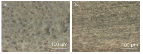 (a) UHMWPE 시편에 다리미로 코팅한 왁스 표면 (b) TOKO사 Plexi blade로 브러싱 한 후 왁스 표면