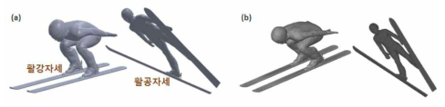 선수 B의 활강/활공자세 3차원 스캔 (a) 3차원 스캔 모델; (b) 가상경계방법(Immersed boundary method, IBM)와의 연동을 위한 모델 내부 격자