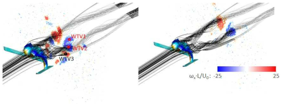 평균 유동장에서 3차원 streamline를 통해 관찰한 wing tip vortex : x=0.53L 위치의 vorticity contour (왼쪽); x=L 위치의 vorticity contour (오른쪽)