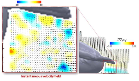 ReH = 450,000 일 때 순간속도 벡터와 vorticity contours