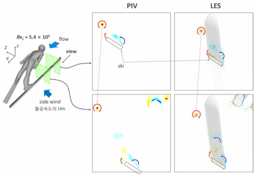 활공자세 yz 평면의 LES/PIV 유동장 비교