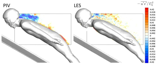 활공 자세 xy 평면의 LES/PIV 유동장 비교