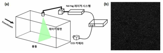 (a) PIV schematic diagram; (b) PIV로 촬영한 입자 이미지