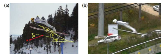 (a) 스키점프 선수 활공 시 자세 분석에 사용된 변수들 (B. Schmölzer et al., 2005); (b) 실제 측면에서 촬영한 선수 A 촬영 모습