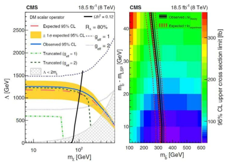 VBF 신호 탐색에서 95 % 신뢰도로 배제한 영역. (좌) 유효장 모델 : 암흑물질의 질량과 contact interaction 스케일 Λ에서 파란 실선 아래 영역. (우) 초대칭 모델 : 스칼라 b 쿼크와 LSP의 질량에서 검은 실선 좌측 영역