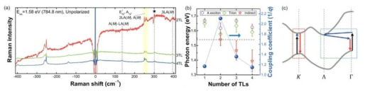 (a) 1.58 eV 여기 광원을 이용하여 측정한 WSe2의 두께에 따른 라만 스펙트럼. (b) WSe2의 두께에 따른 엑시톤 에너지와 Fano 공명 현상의 결합계수. (c) Outgoing 라만 공명 현상(빨간 네모)과 Fano 공명 현상 과정(파란 네모)의 모식도