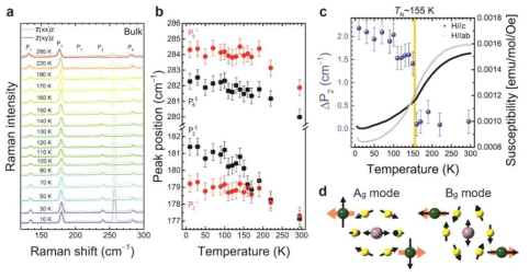 NiPS3 bulk의 온도 별 (a) 편광 라만 스펙트럼, (b) P2와 P6 신호의 위치, (c) P2의 위치 차이와 자화율. (d) P2에 해당하는 진동모드 모식도