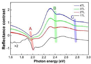 WS2의 층수 별 reflectance contrast와 엑시톤 에너지