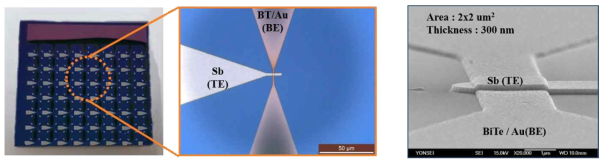 제작한 Bi1-xSbx 7x8 멤리스터 어레이의 광학이미지 (좌)와 전자현미경 이미지(우)