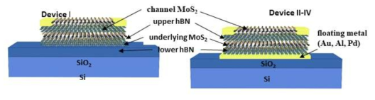 단일 플로팅 게이트 MoS2 소자 (device I)와 이중 플로팅 게이트 MoS2 소자의 개념도