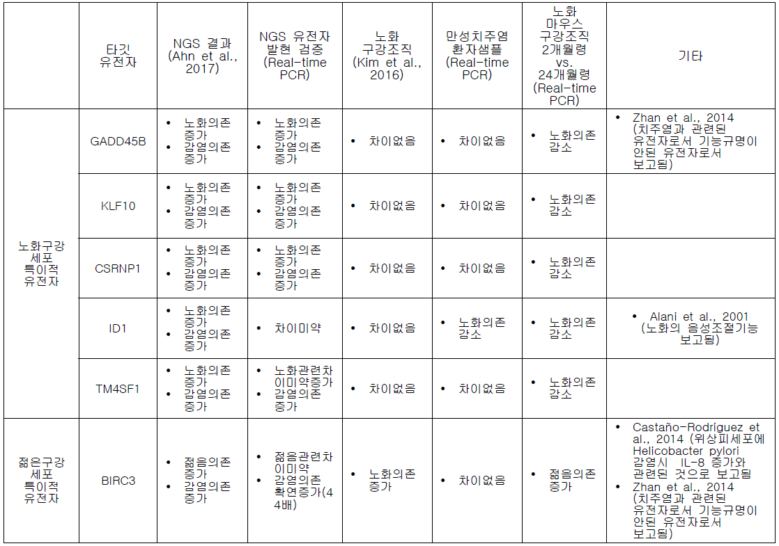 선별유전자의 검증 결과 요약