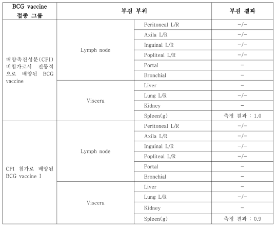 배양촉진성분의 첨가/비첨가로 배양된 BCG 백신의 유해결핵균부정실험 분석