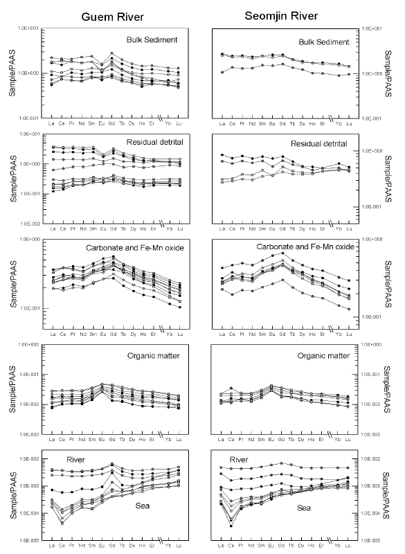 PAAS-normalized REE pattern of extracted fractions and surface water for GR and SJR