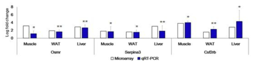 Comparison of fold changes in gene expression detected by Agilent SurePrint G3 Mouse GE 8X60K, V2 Microarrays (Agilent®) and RT-qPCR analyses in the muscle, white adipose tissue, and liver. Values were expressed as mean ± SEM. * P<0.05, ** P<0.01, *** P<0.001 versus Control. WAT, white adipose tissue