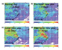 14-year Average MODIS-AOD for (a) normal day, (b) pre-lunar new year, (c) lunar new year, and (d) post-lunar new year