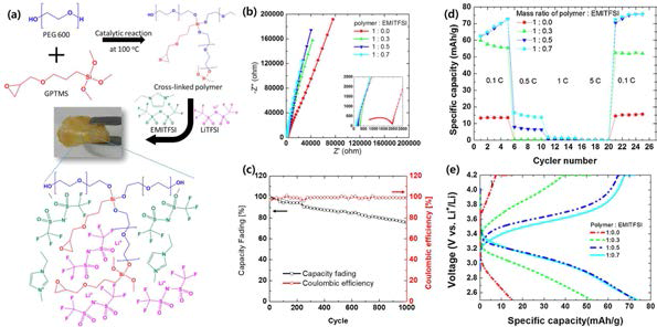 (a) 반응 메커니즘 및 구조, (b) 고분자 전해질의 Nyquist plot, LFP half cell의 (c) 수명 특성(1:0.7), (d) 율속특성, (e) 충방전 거동