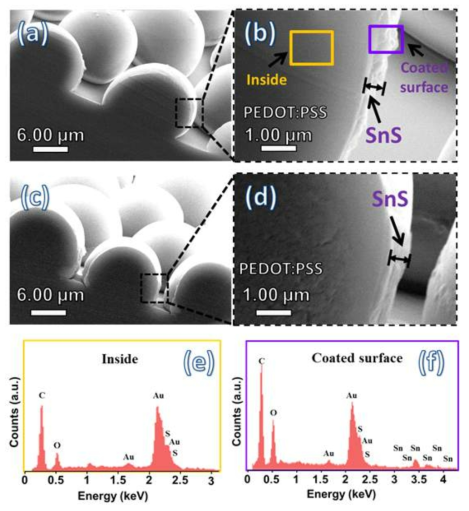 (a-d) Typical SEM images of PEDOT:PSS-SnS MEP film with SnS thin layer coated on the microdomes before (a, b), and after (c, d) sonication for 1 h. (e, f) distribution of SnS obtained by SEM-EDX spectra of the inside (e), and on coated microdome surface (f) through the cross-sectional SEM image of PEDOT:PSS-SnS film