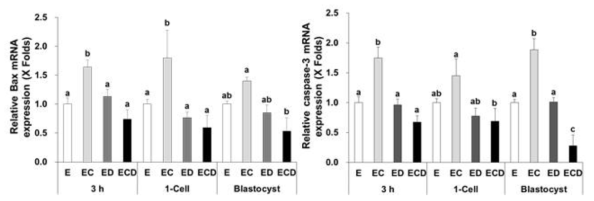 활성화처리 방법에 따른 단위발생란의 apoptosis 유전자 발현 E, 전기자극; EC, E+A23187; ED, E+DMAP; ECD, EC+DMAP. a-cP<0.05