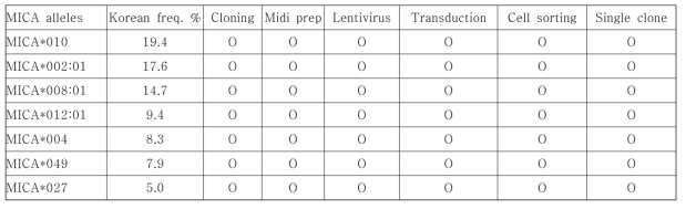 확립된 단일 클론 MICA 발현 세포주 목록