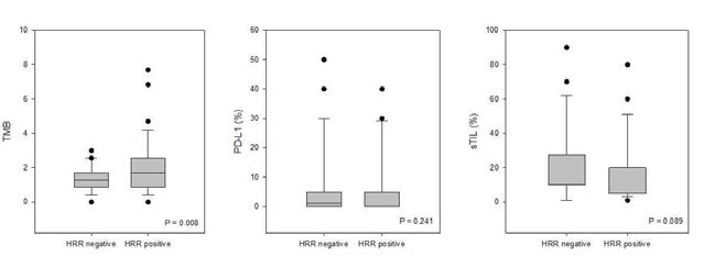 comparison between HRR positive and negative tumors. (a)TMB (b)PD-L1 expression (%) (c)sTIL (%)