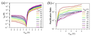 상온에서 관찰한 MoTe2 homojunction p-n diode의 diode 특성 (a) 게이트 전압에 대한 의존성 (b) 정류전류비 (= I+Vds / I-Vds)