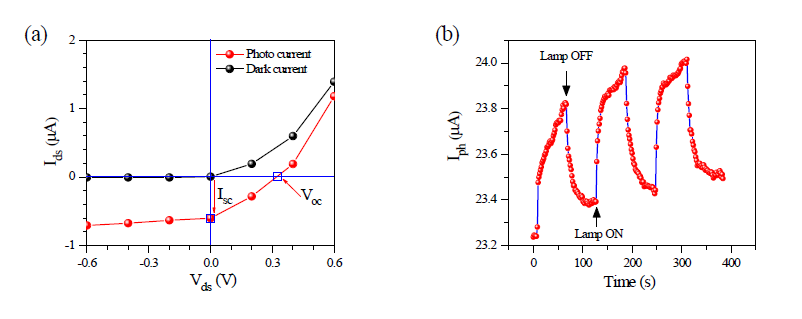 (a) Black phosphorus-WS2 반데르발스 p-n 다이오드의 광소자 특성을 보여주는 I-V 특성 (b) Vg=0, Vds=+1V의 조건에서 일어나는 광전류 특성