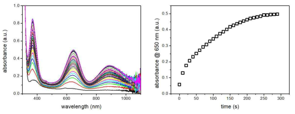 Os가 치환된 탄산무수화 효소를 이용한 유기물(TMB)의 산화. (a) 산화 반응에 의한 시간에 따른 UV-vis 스펙트럼 변화, (b) 시간에 따른 UV-vis absorbance 세기의 변화 (파장=650 nm)