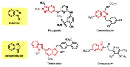 인다졸과 벤지미다졸을 가진 약으로 쓰이는 화합물들