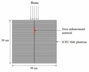 Schematic diagrams of Monte Carlo simulation geometry for dose enhancement material of MV X-ray