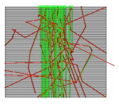Trajectory representation of particle transportation in ICRU Slab phantom: photon(green), electron(red)