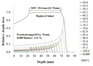 Spread-out Bragg peak with the weighted pristine relative depth dose