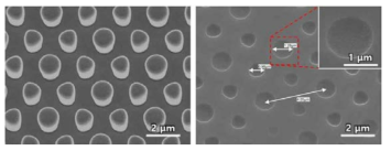 (좌) PR 패턴에 금속촉매를 증착한 스탬프 (우) 스탬프를 이용하여 화학적 임프린트한 Si 기판